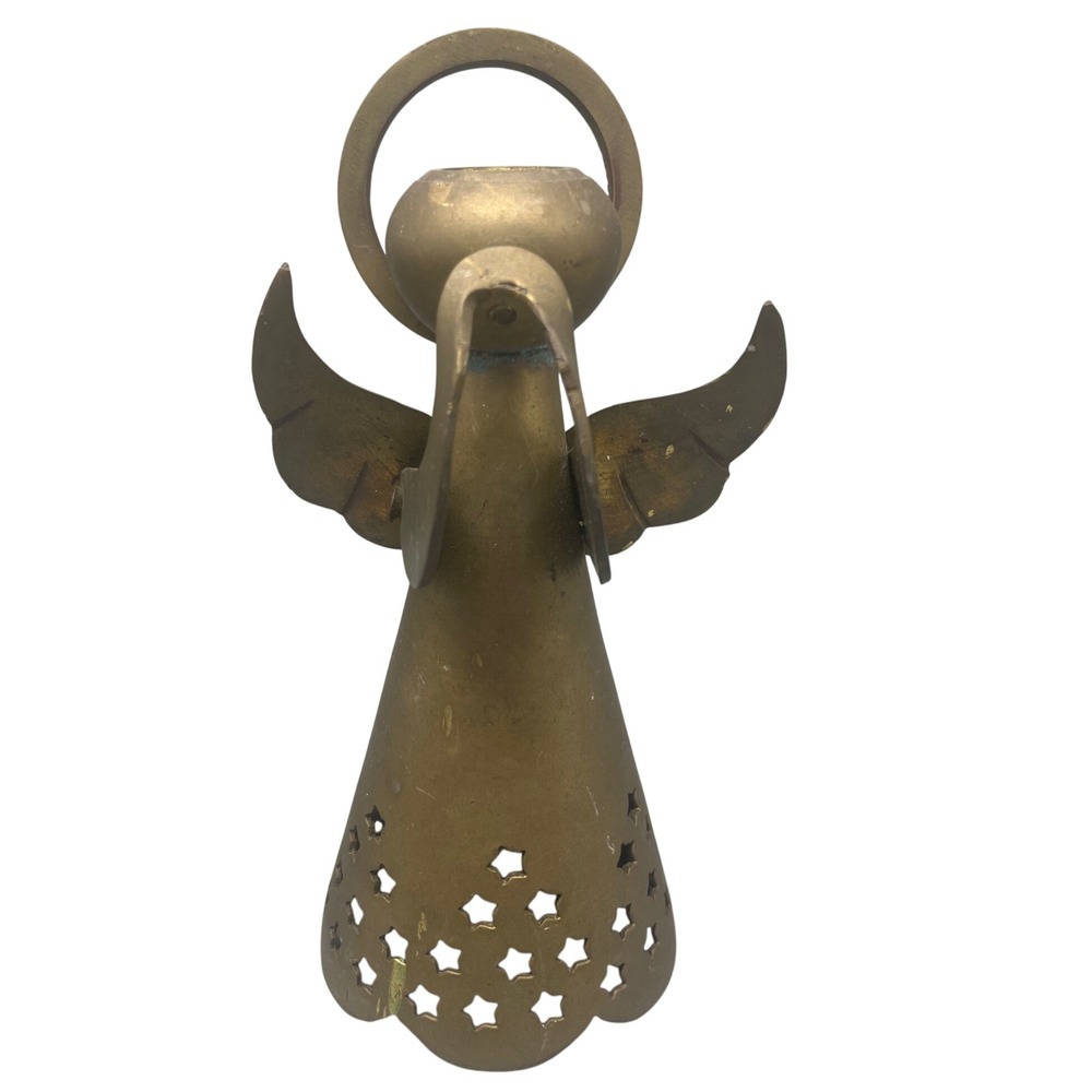 Vintage Brass Praying Angel Candleholder with Halo Wings Star Perforations 7"Η